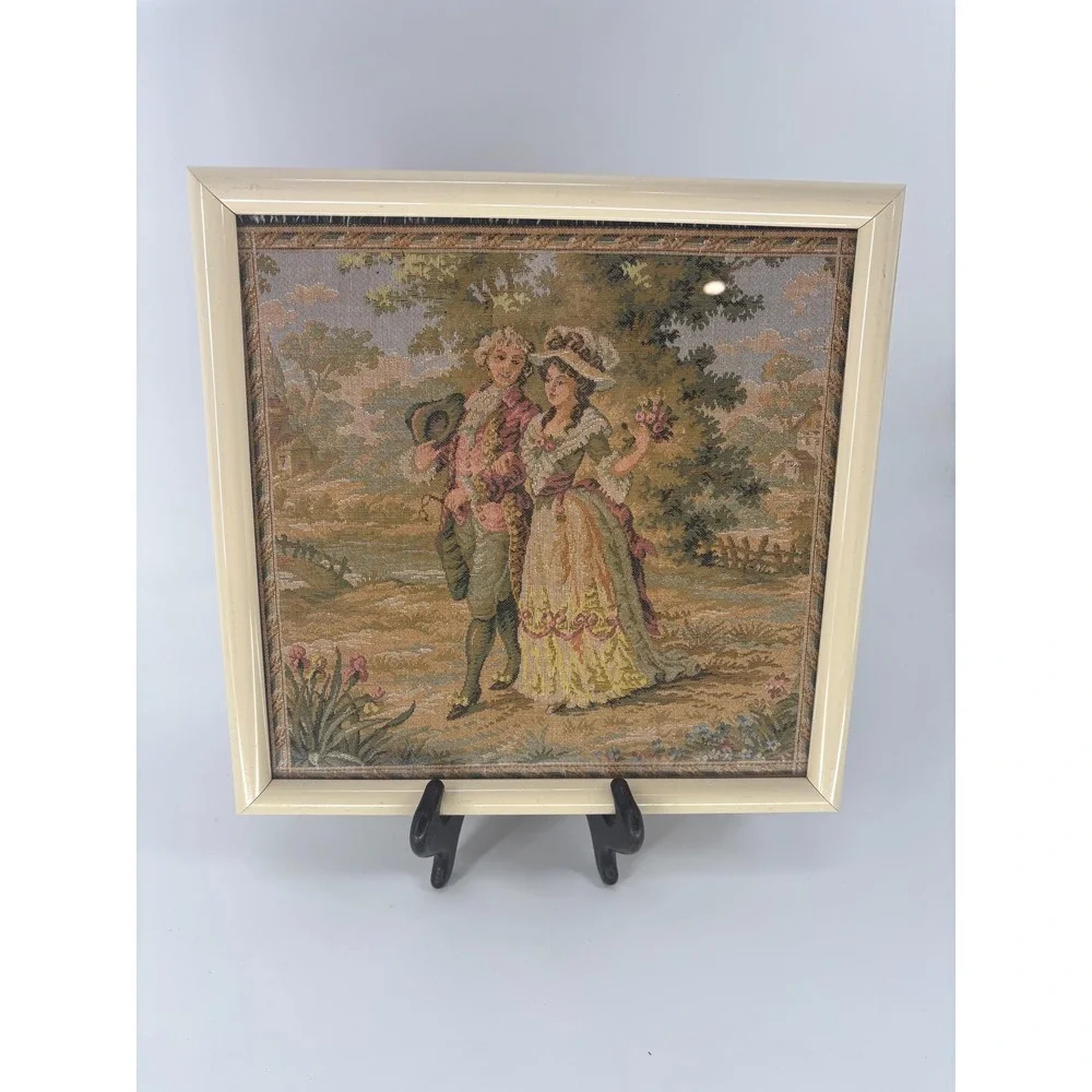 Vintage French Rococo Tapestry Wall Art Romantic Courting Needlepoint Decor